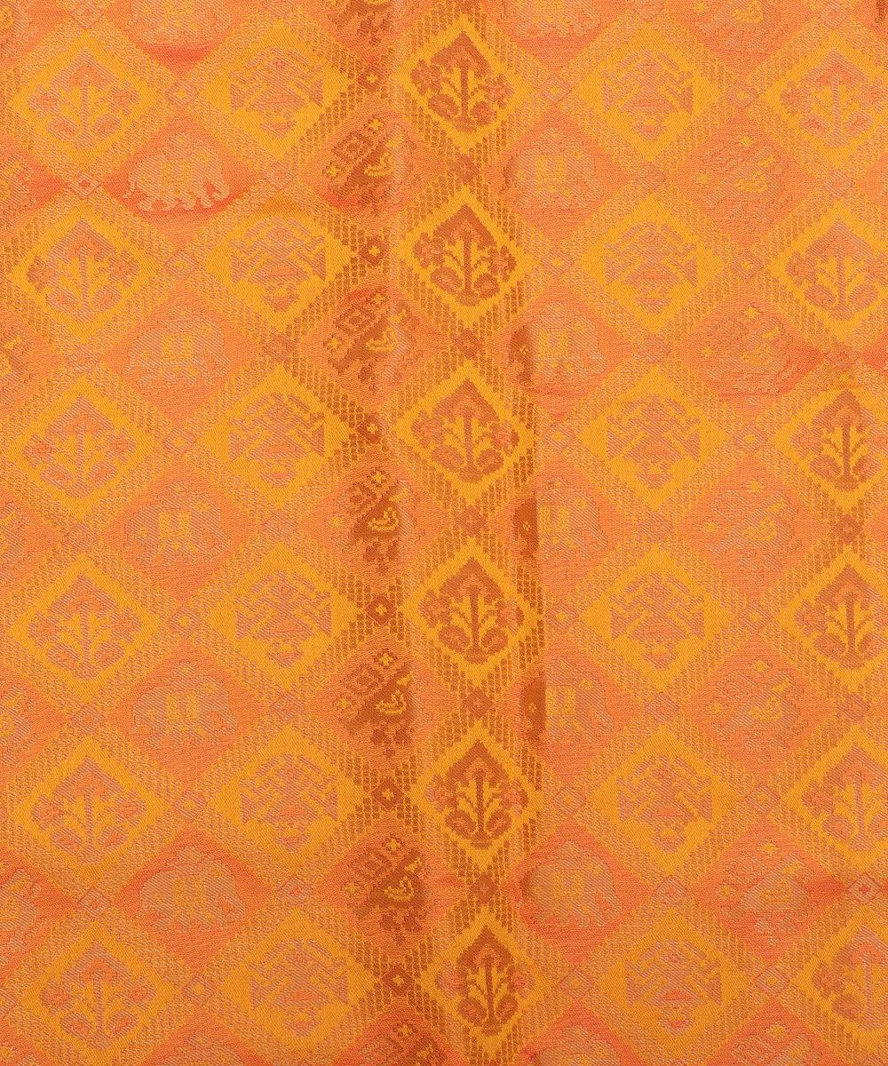 yellow colour traditional print brocade silk fabric