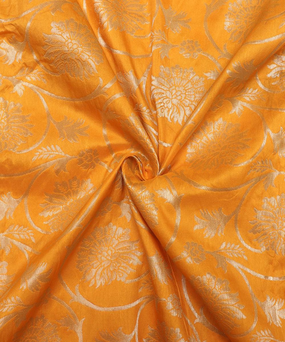 yellow colour floral print brocade silk fabric
