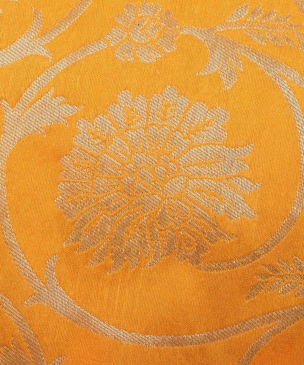 yellow colour floral print brocade silk fabric