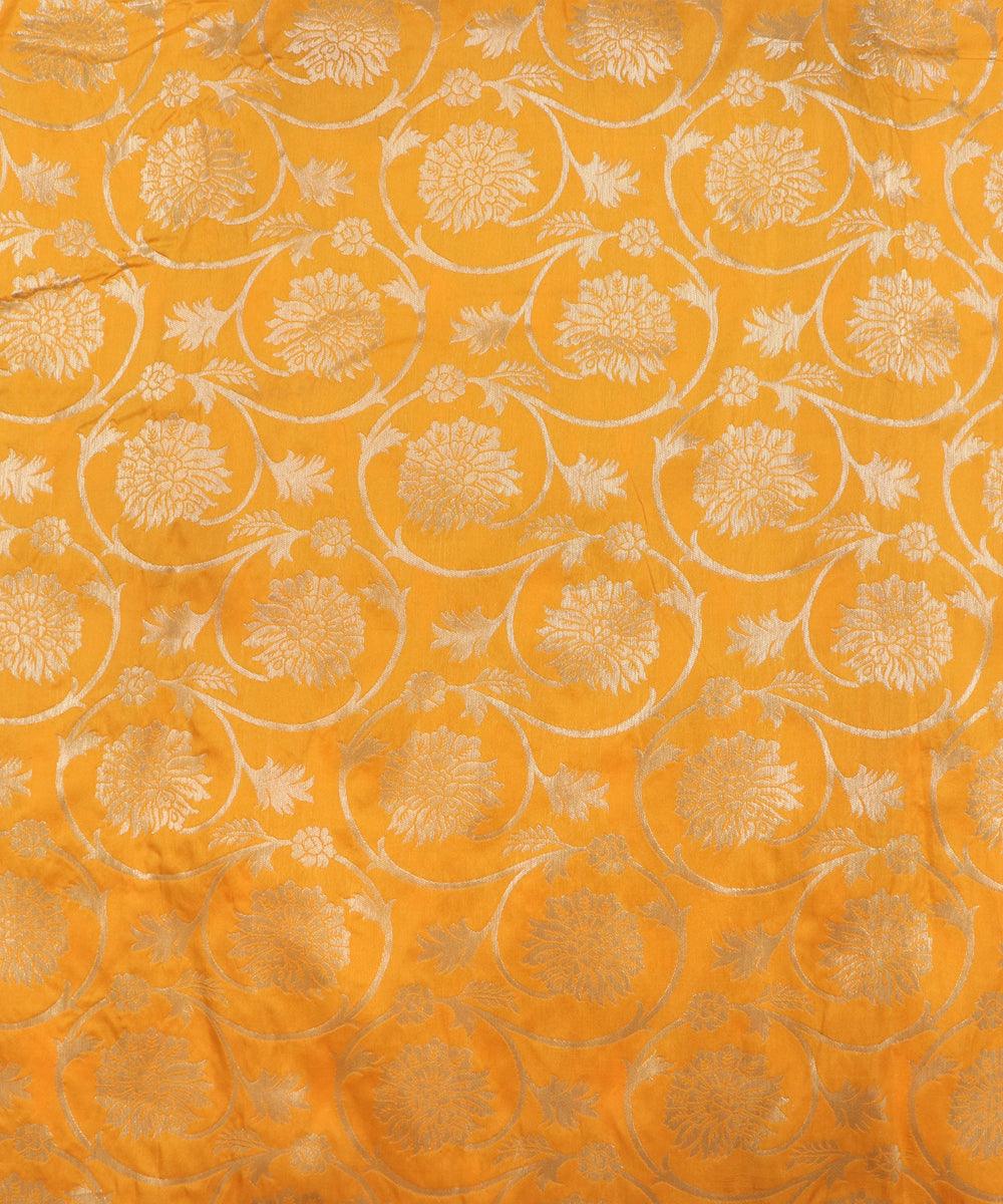 yellow colour floral print brocade silk fabric