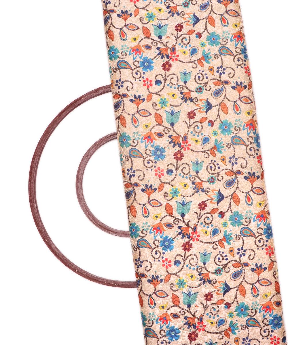 off white color floral print digital jaquard banarasi brocade silk fabric