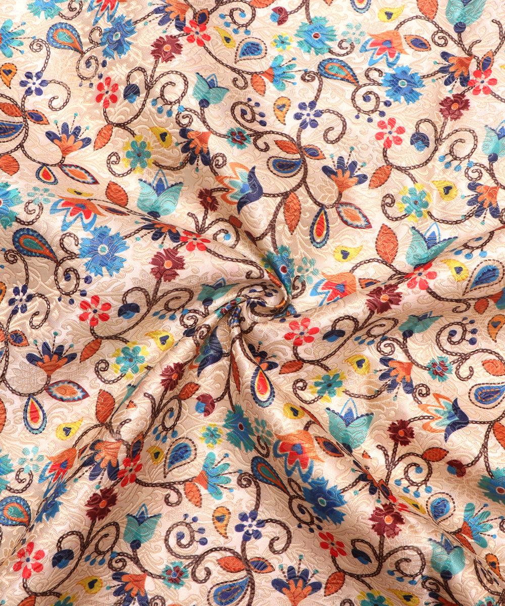 off white color floral print digital jaquard banarasi brocade silk fabric