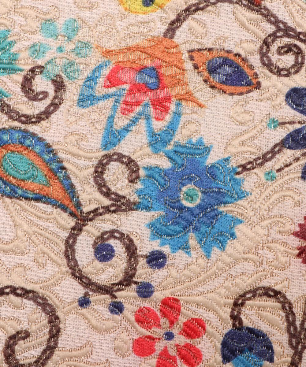 off white color floral print digital jaquard banarasi brocade silk fabric