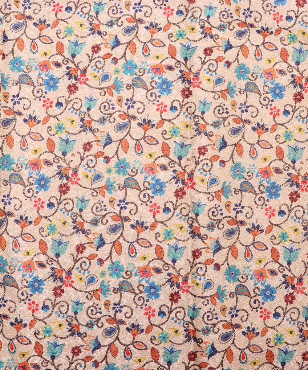 off white color floral print digital jaquard banarasi brocade silk fabric