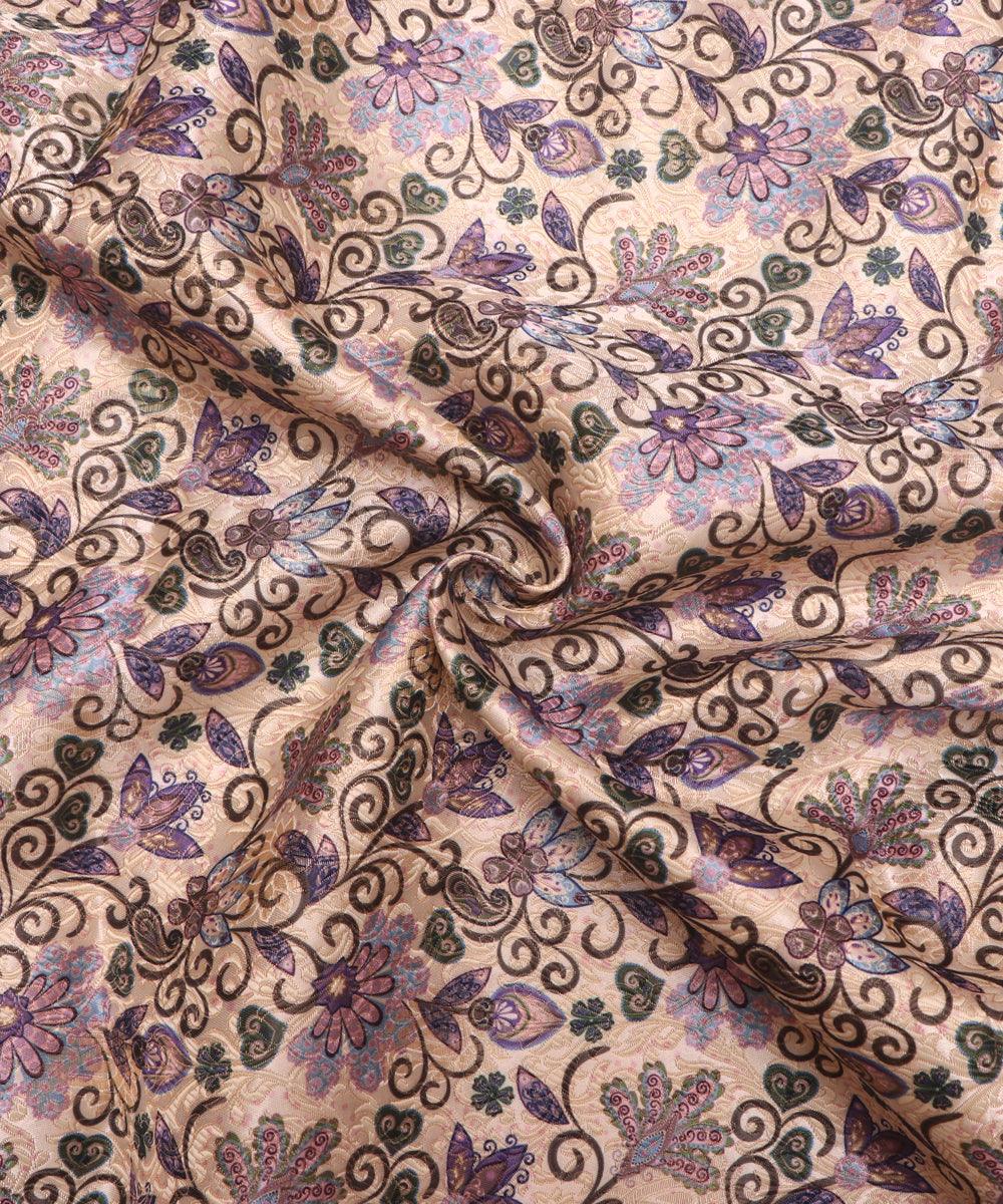 purple color floral print digital jaquard banarasi brocade silk fabric