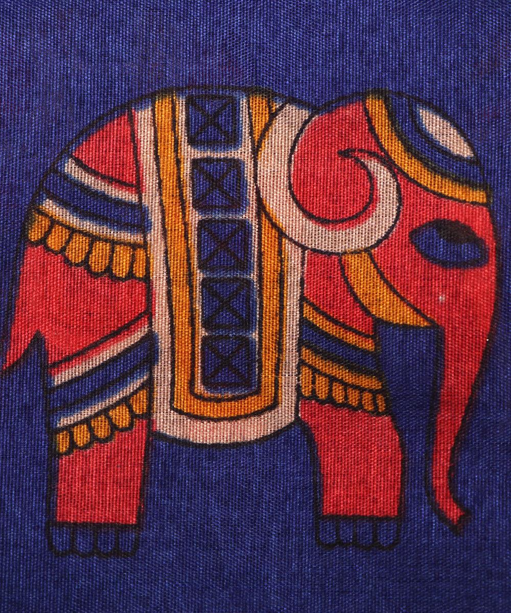 royal blue colour motif print manipuri silk fabric