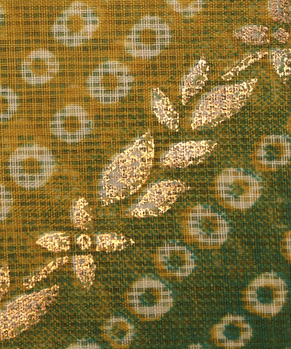 green colour bandhej kota doria foil print fabric