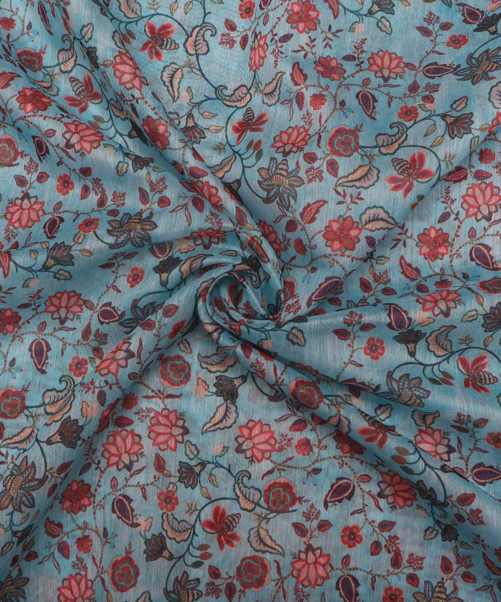 light blue flower print chanderi fabric
