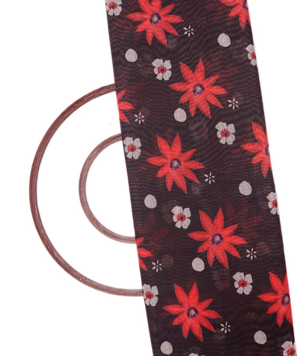 black colour floral print chanderi fabric
