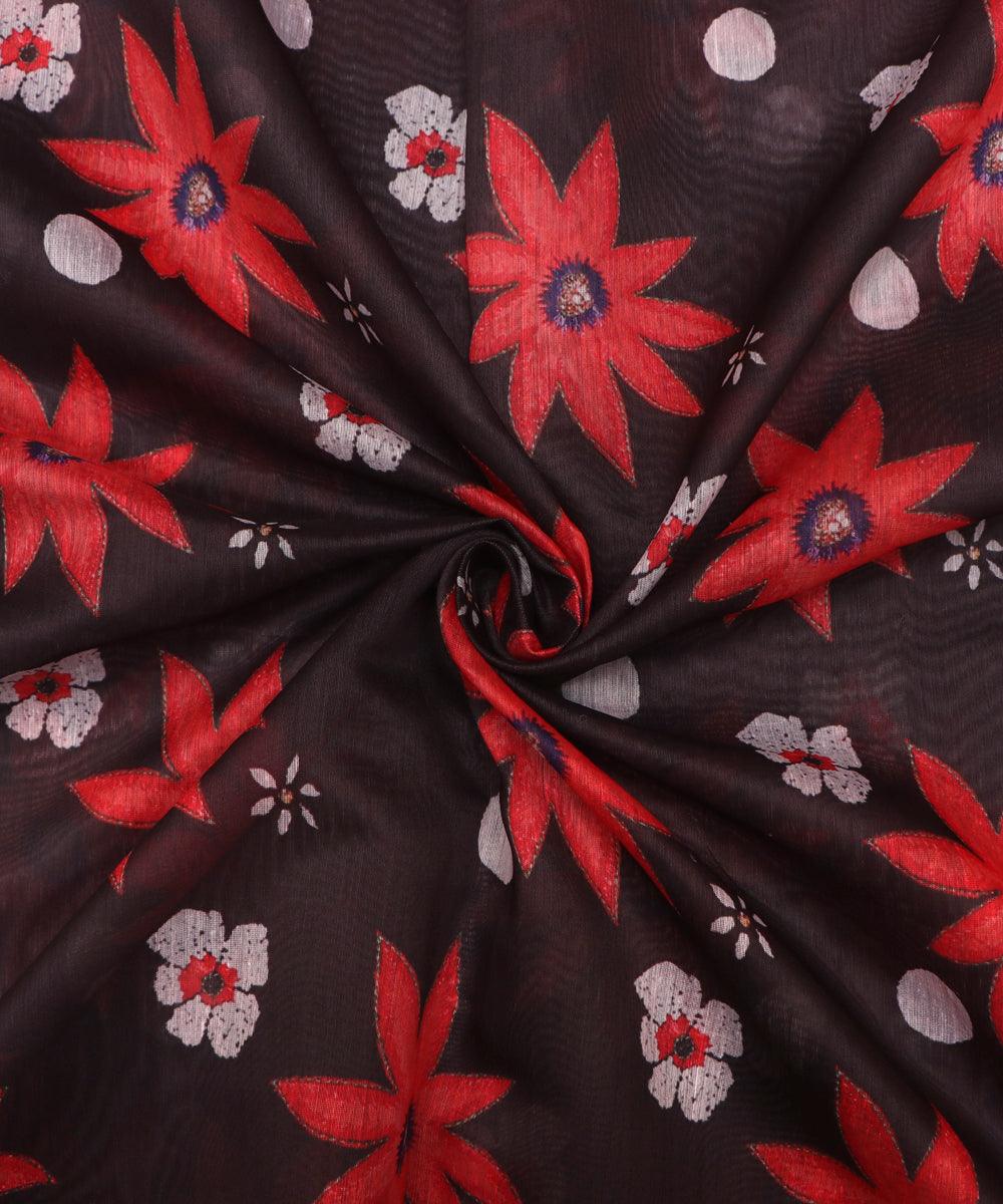 black colour floral print chanderi fabric