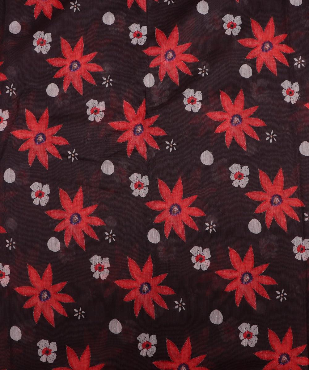 black colour floral print chanderi fabric