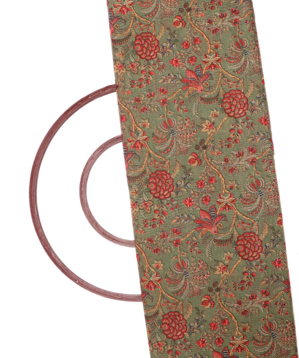 khaki green colour floral print chanderi fabric