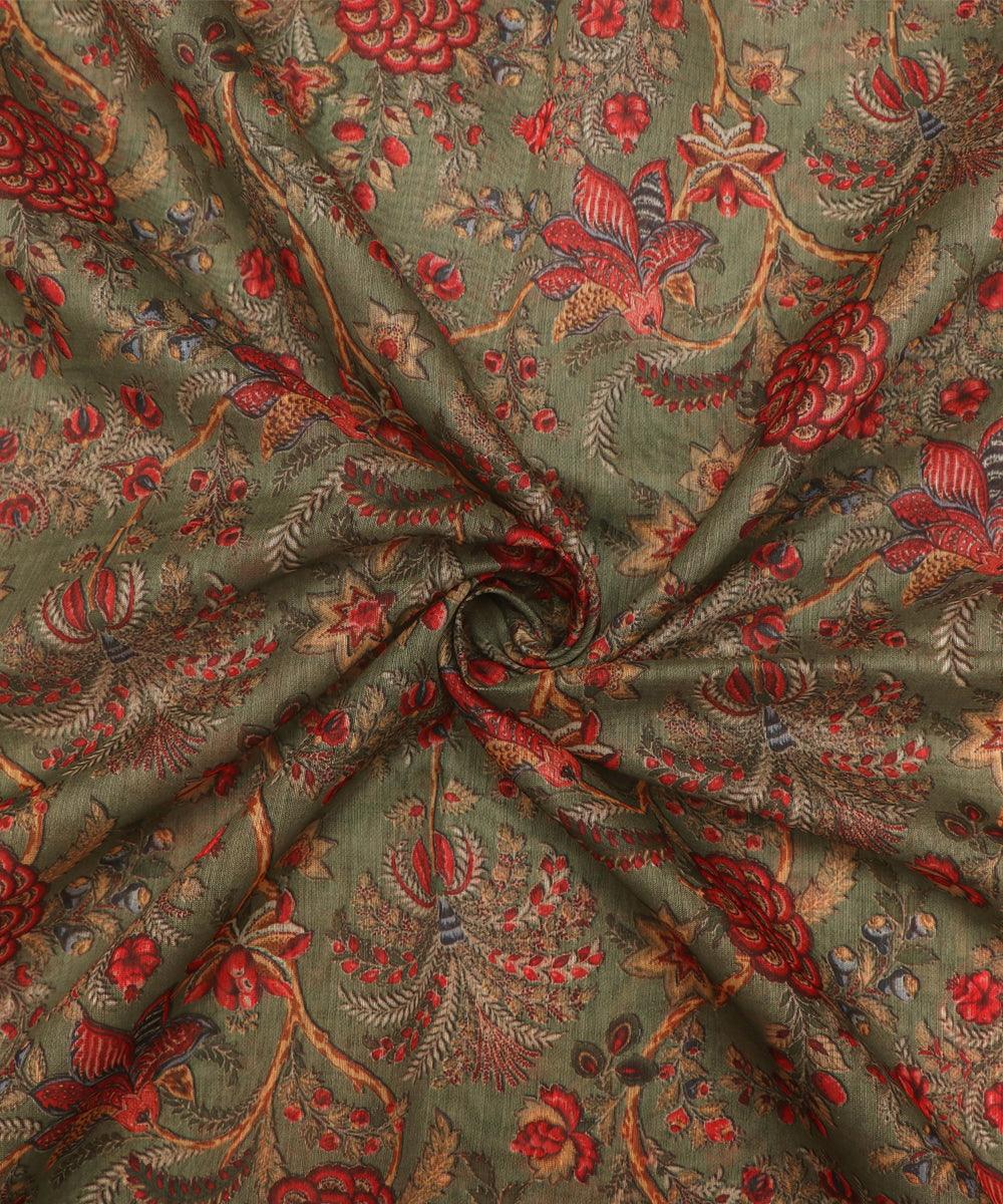 khaki green colour floral print chanderi fabric