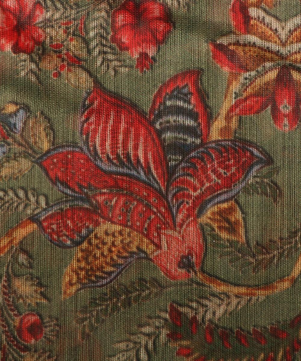 khaki green colour floral print chanderi fabric