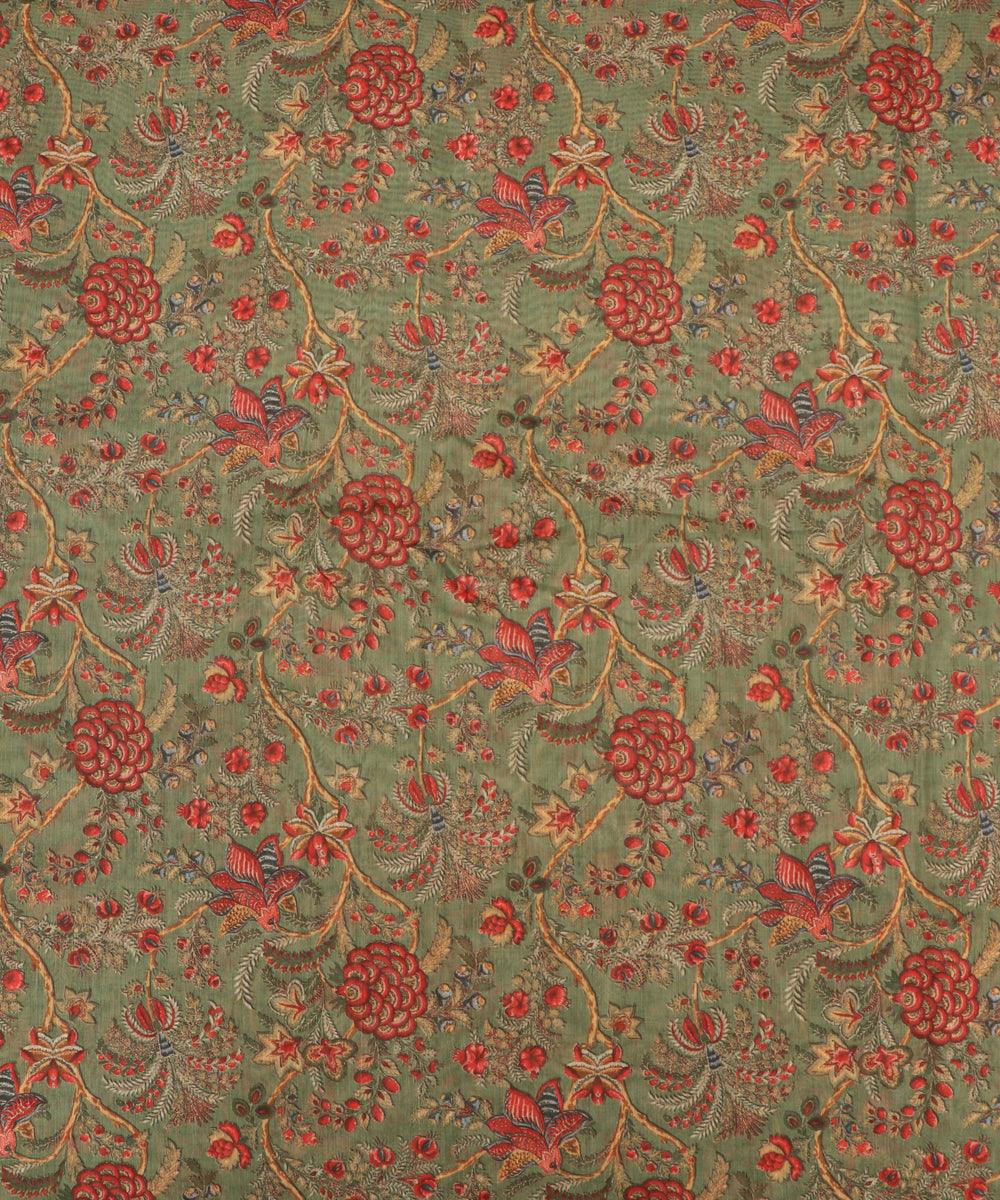 khaki green colour floral print chanderi fabric
