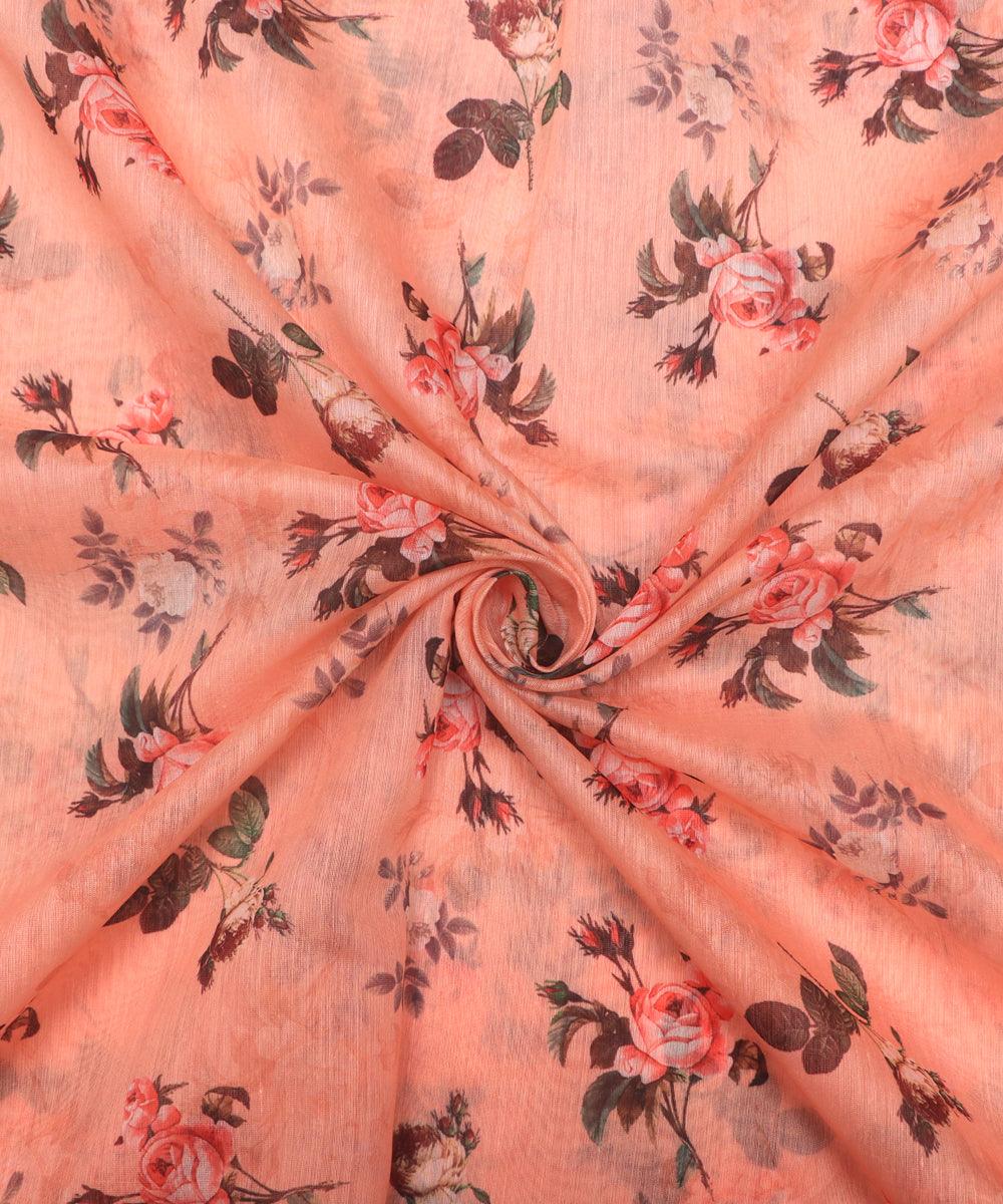 peach colour floral print chanderi fabric