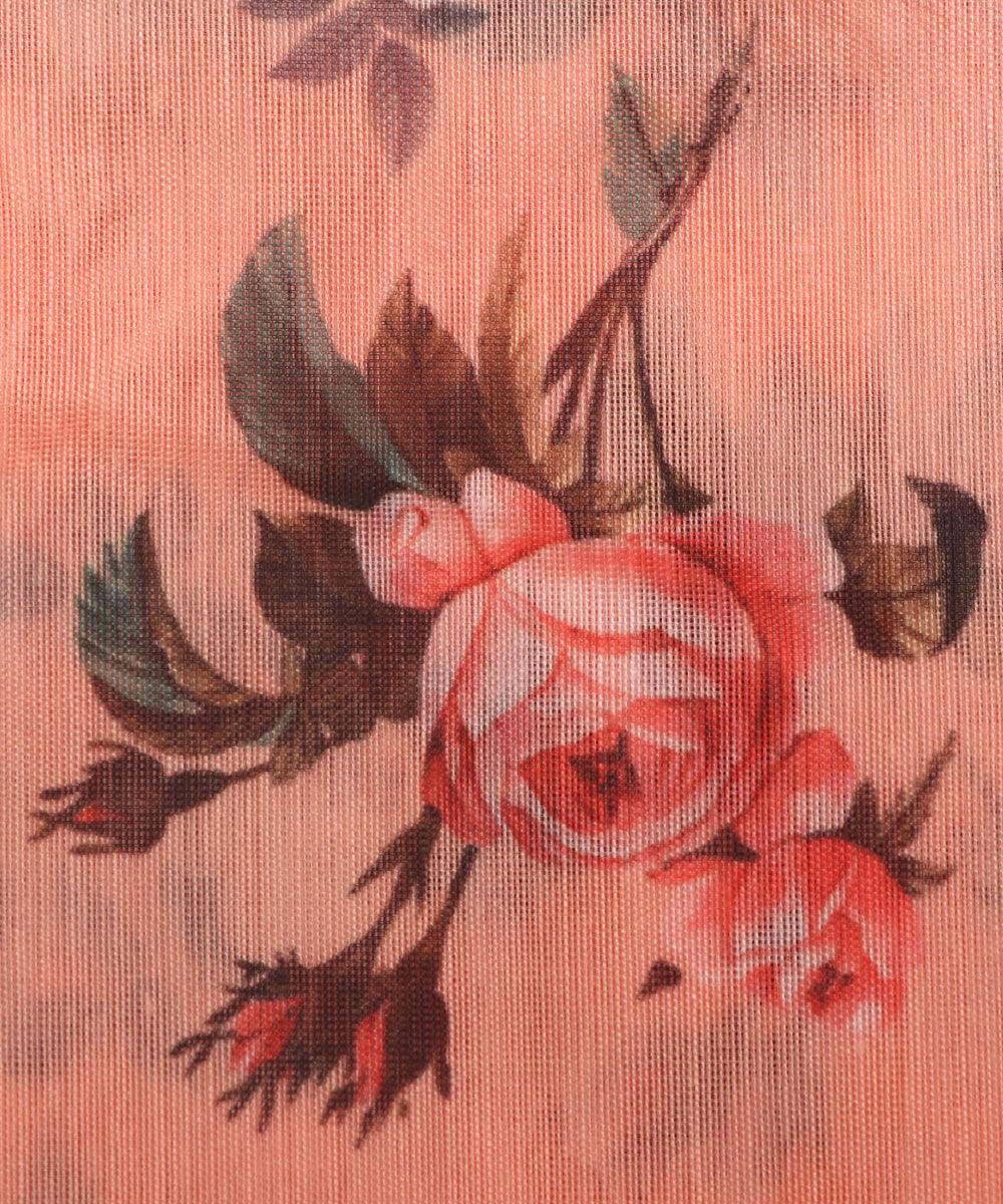 peach colour floral print chanderi fabric