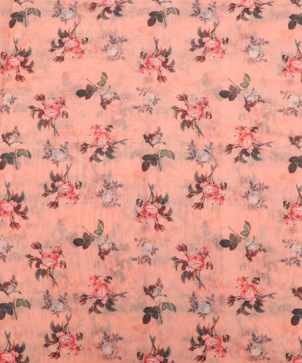 peach colour floral print chanderi fabric