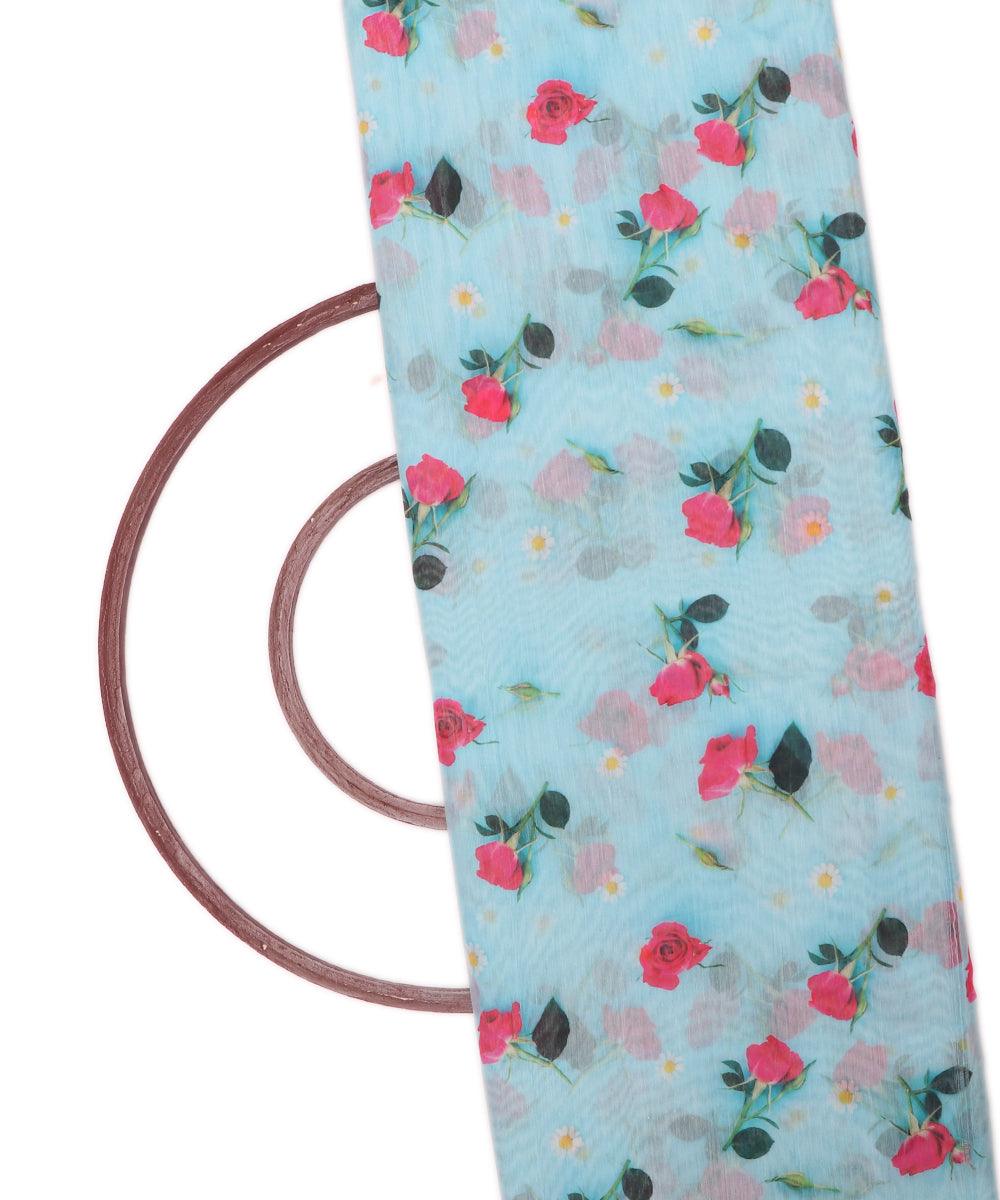 light blue colour floral print chanderi fabric