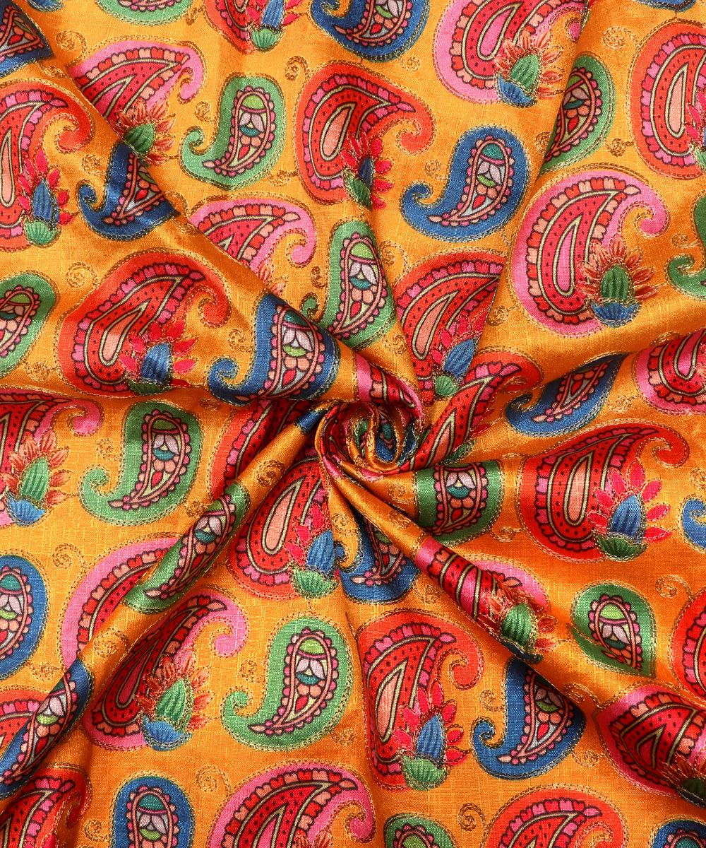 yellow paisley print zari embroidery phantom raw silk fabric