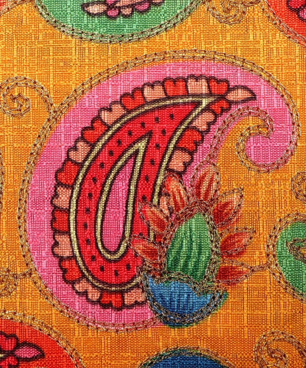 yellow paisley print zari embroidery phantom raw silk fabric