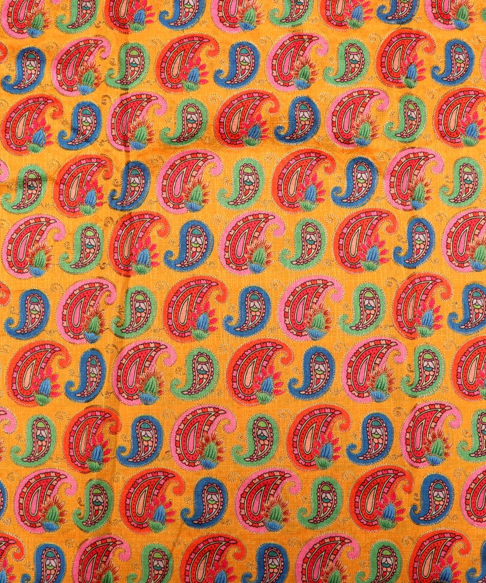 yellow paisley print zari embroidery phantom raw silk fabric