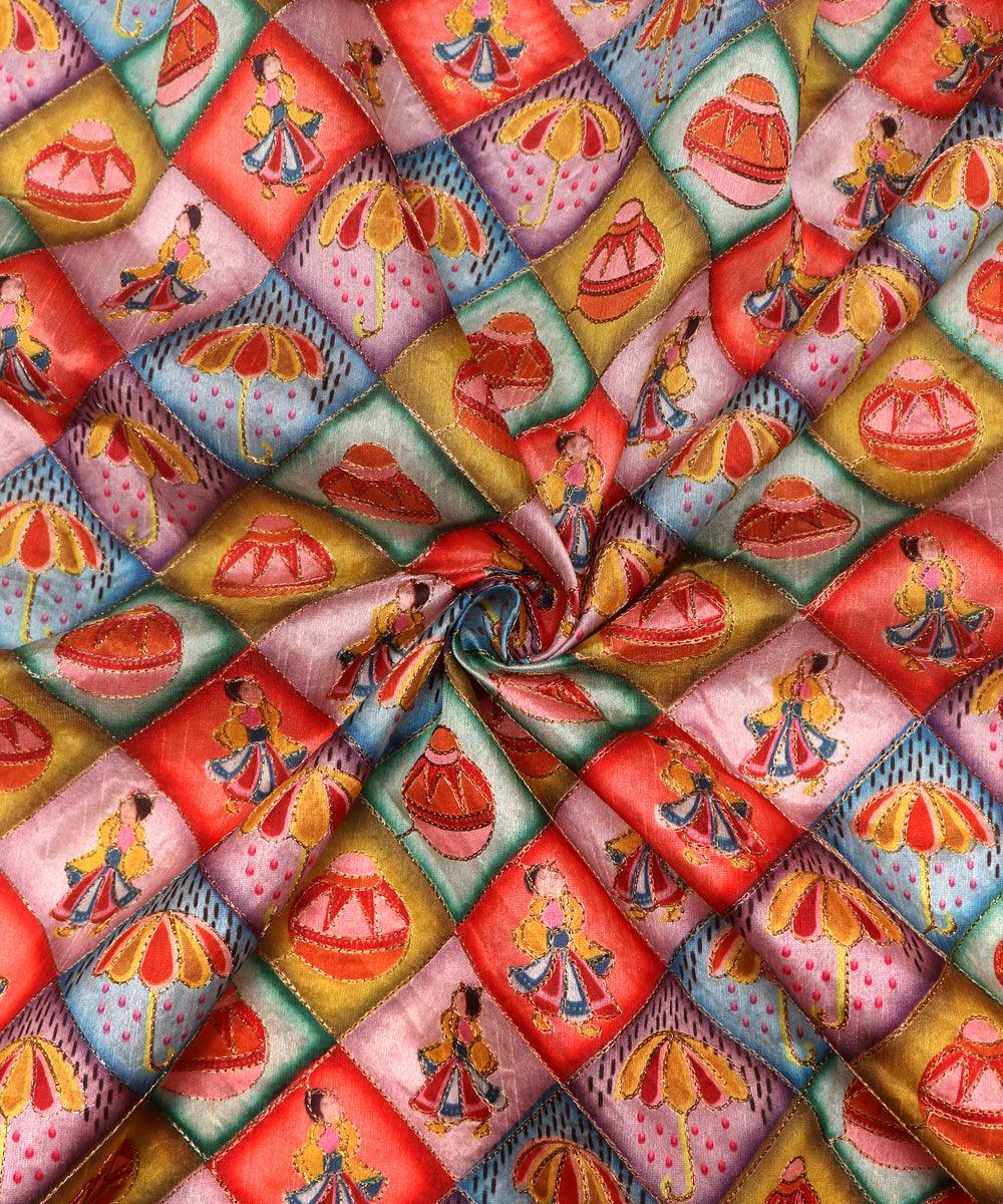 blue traditional print zari embroidery phantom raw silk fabric