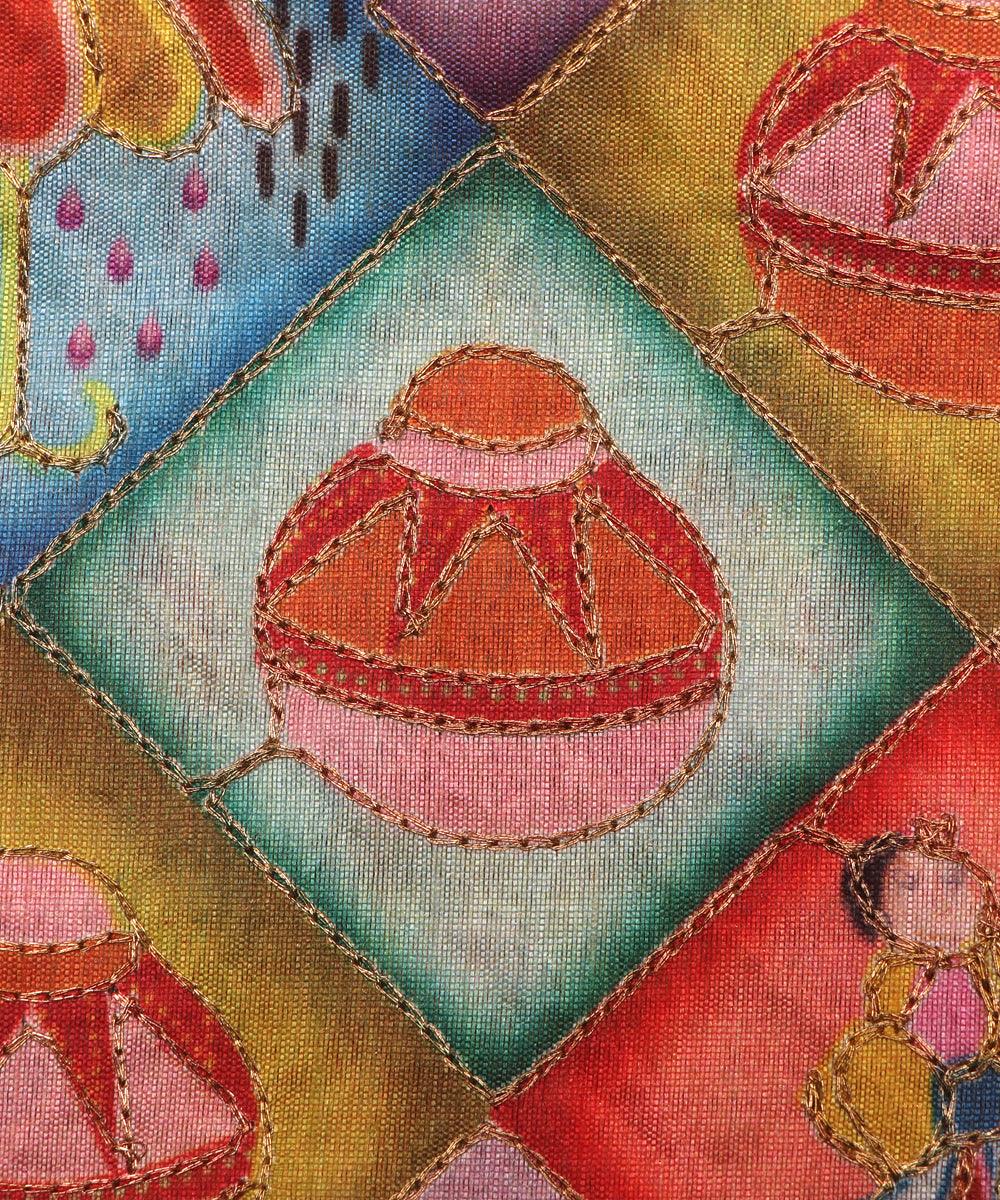 blue traditional print zari embroidery phantom raw silk fabric