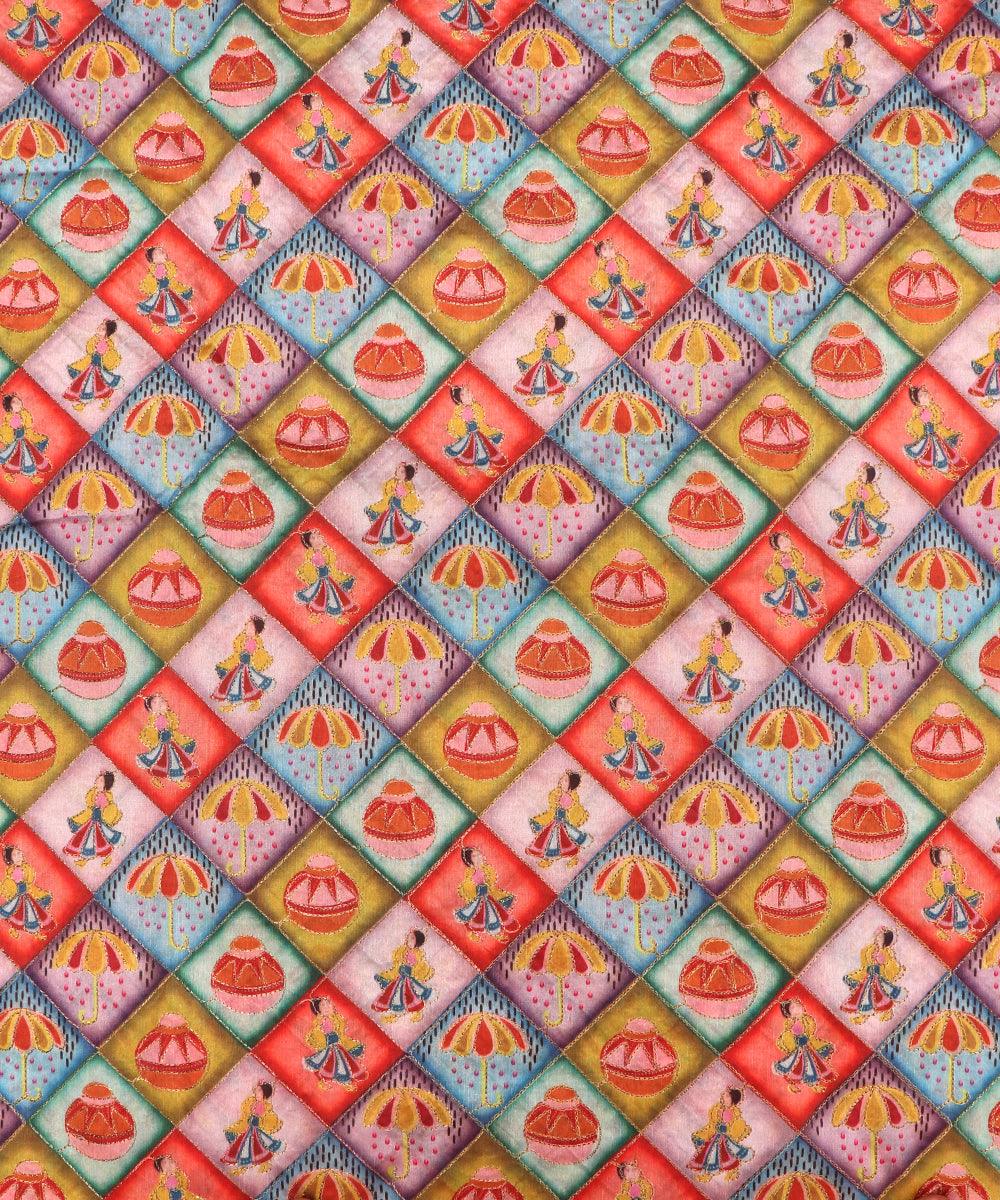 blue traditional print zari embroidery phantom raw silk fabric