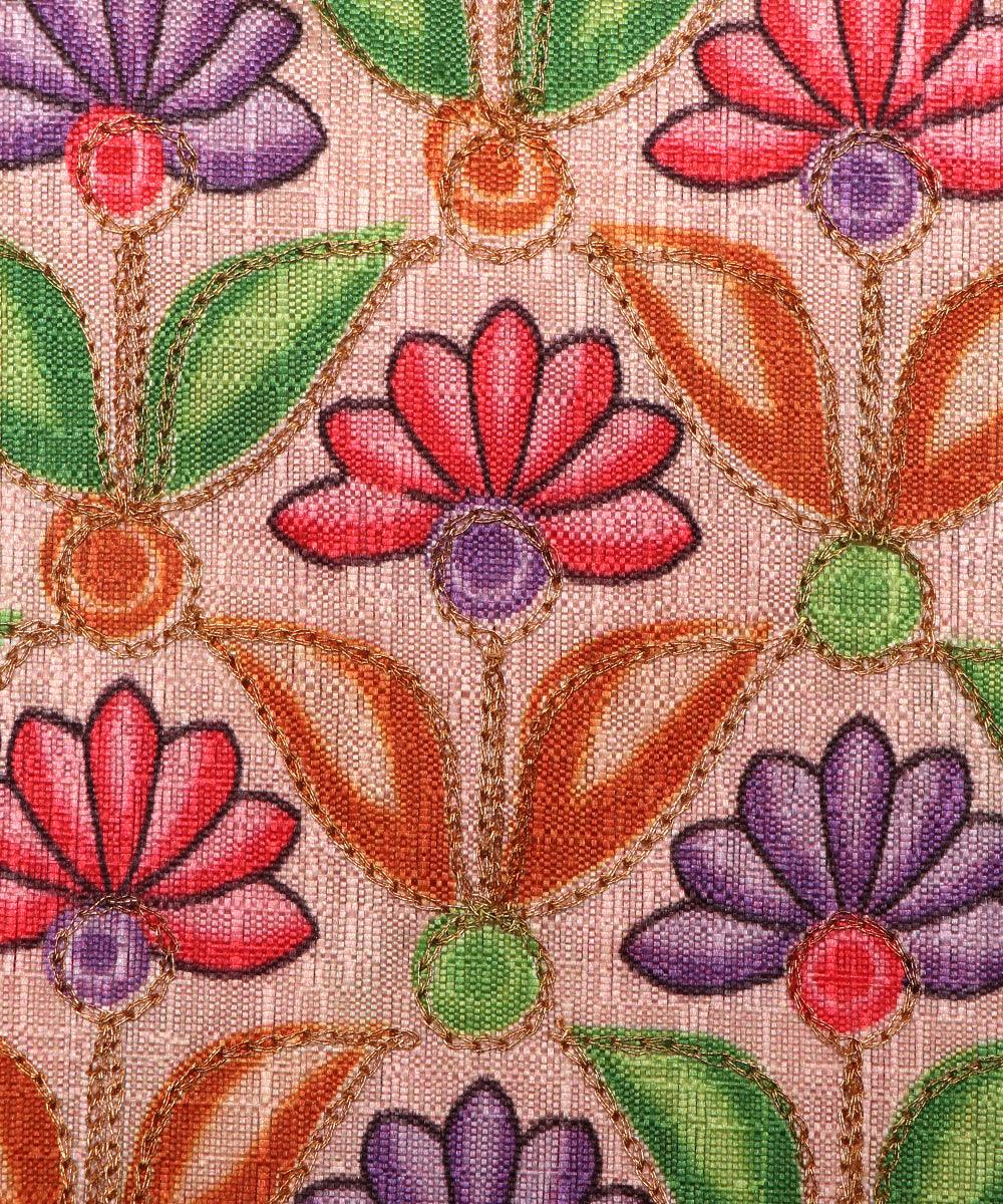 rose gold floral print zari embroidery phantom raw silk fabric