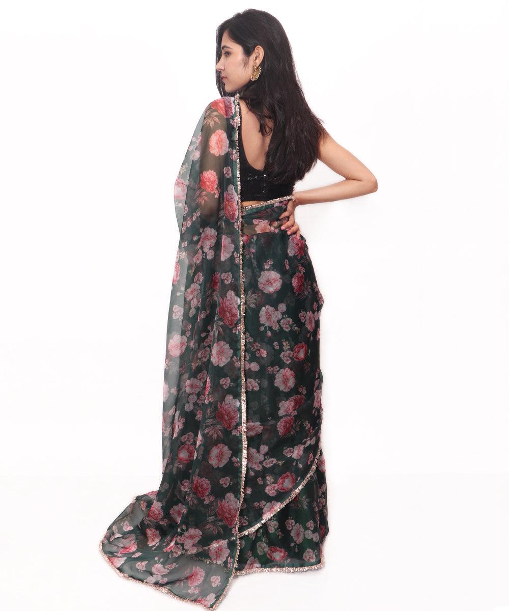 Dark Green Colour Floral Print Soft Pure Organza Silk Saree - Fabric Dekho