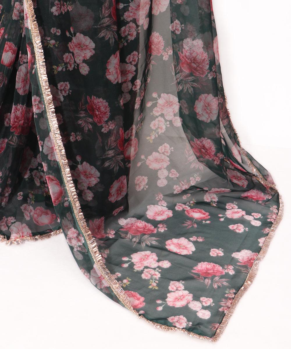 Dark Green Colour Floral Print Soft Pure Organza Silk Saree - Fabric Dekho