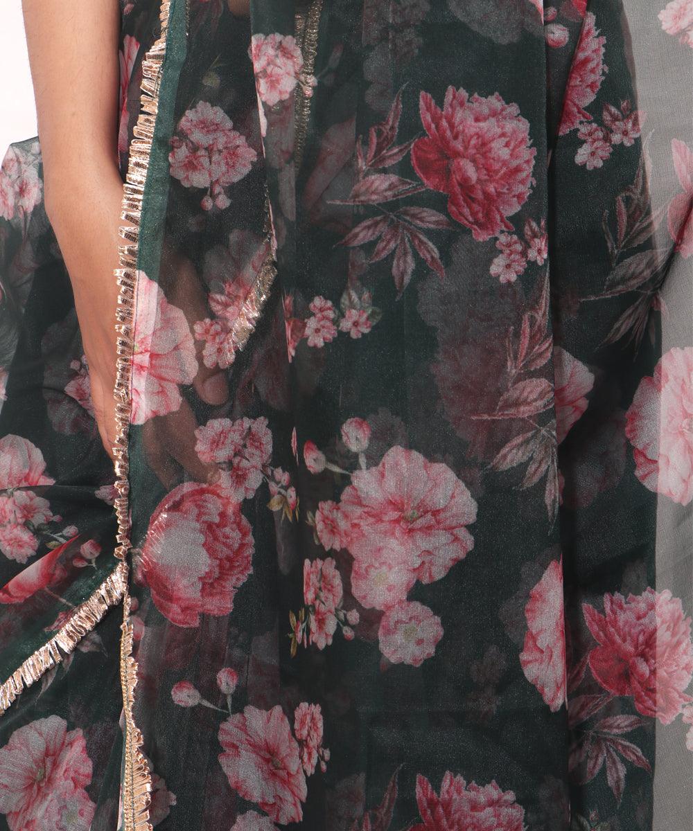 Dark Green Colour Floral Print Soft Pure Organza Silk Saree - Fabric Dekho