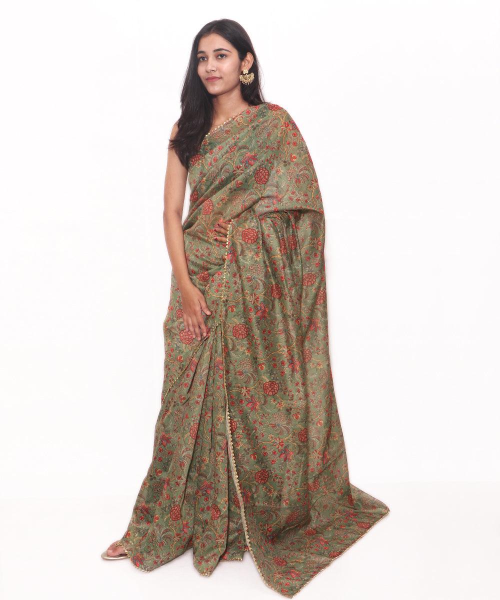 Green Colour Floral Print Chanderi Silk Saree