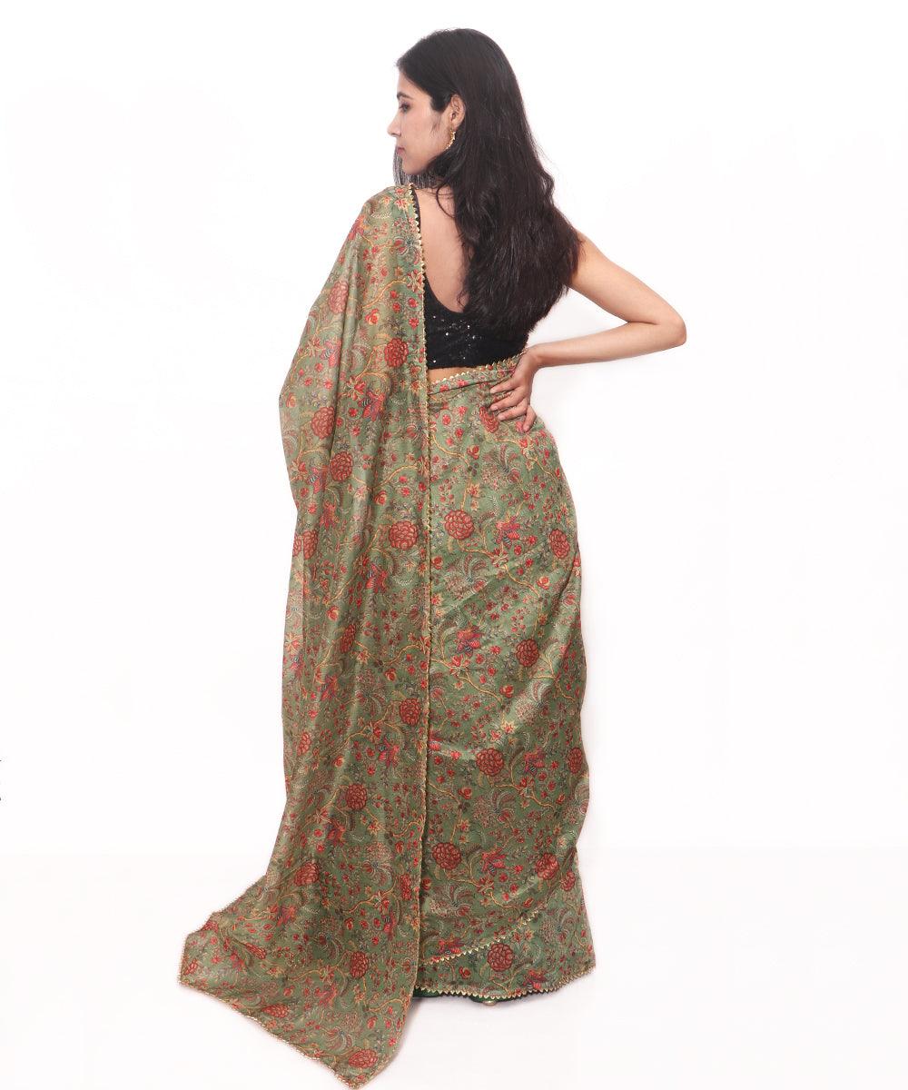 Green Colour Floral Print Chanderi Silk Saree