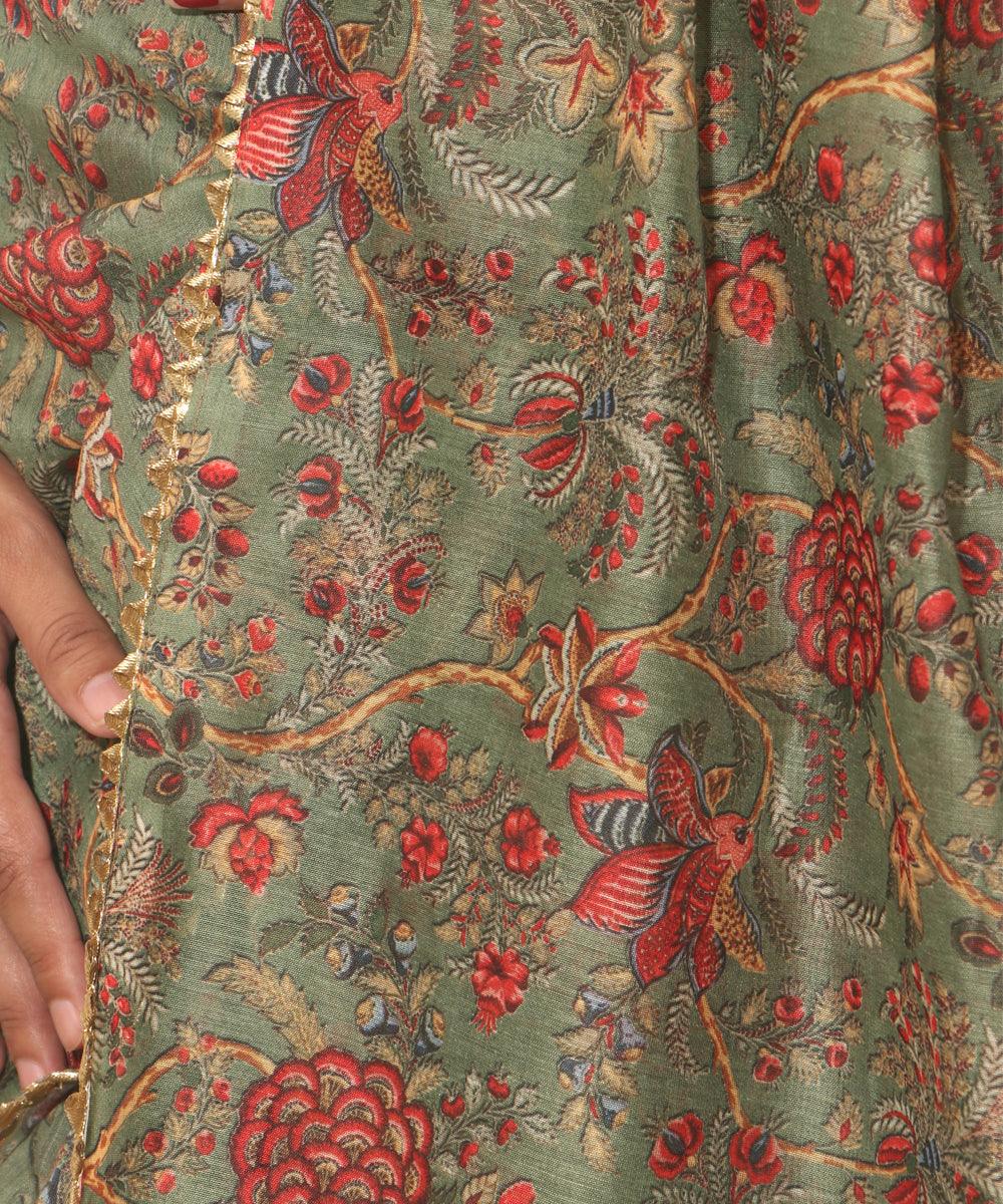 Green Colour Floral Print Chanderi Silk Saree