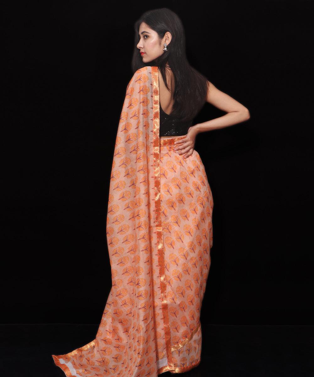 Orange Colour Floral Print Chanderi Silk Saree - Fabric Dekho