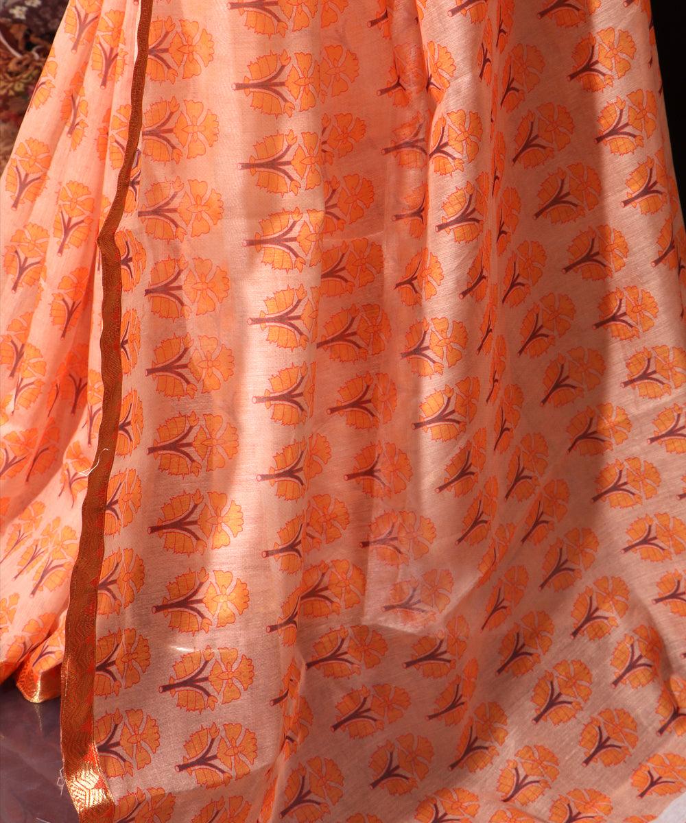 Orange Colour Floral Print Chanderi Silk Saree - Fabric Dekho