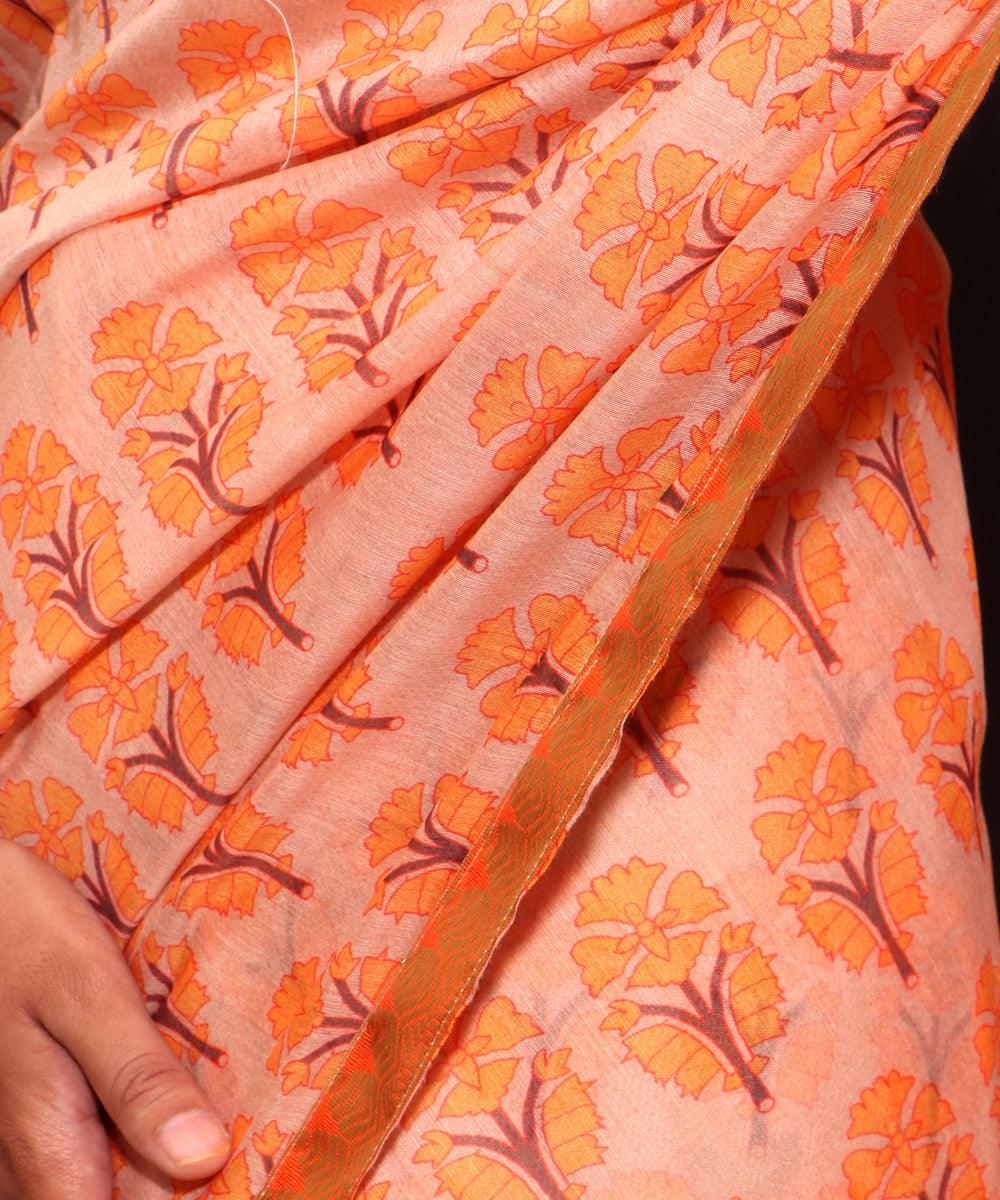 Orange Colour Floral Print Chanderi Silk Saree - Fabric Dekho