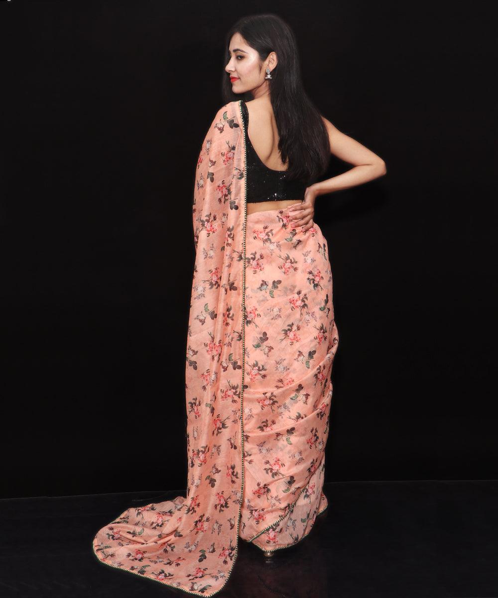 Peach Colour Floral Print Chanderi Silk Saree