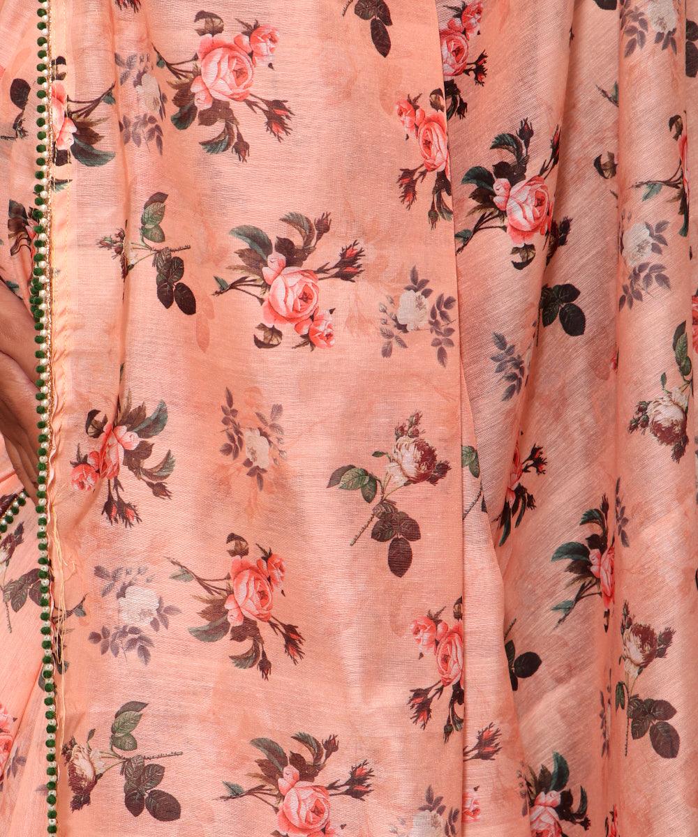 Peach Colour Floral Print Chanderi Silk Saree