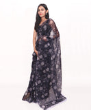 Indigo Blue Colour Floral Print Soft Pure Organza Silk Saree