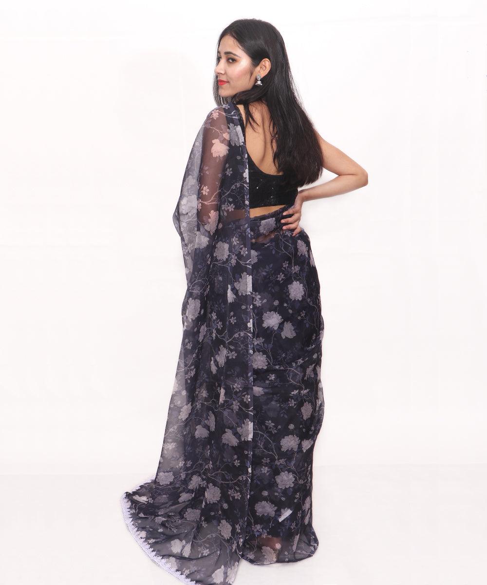 Indigo Blue Colour Floral Print Soft Pure Organza Silk Saree
