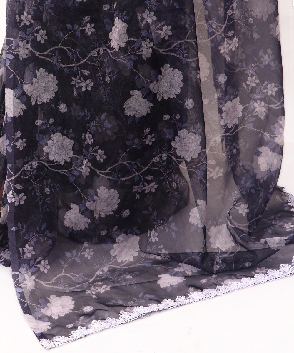Indigo Blue Colour Floral Print Soft Pure Organza Silk Saree