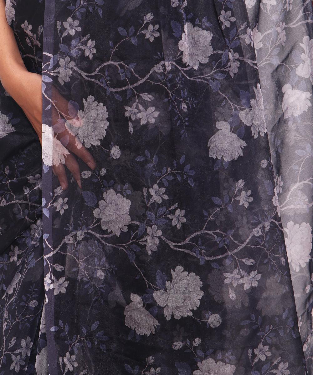 Indigo Blue Colour Floral Print Soft Pure Organza Silk Saree