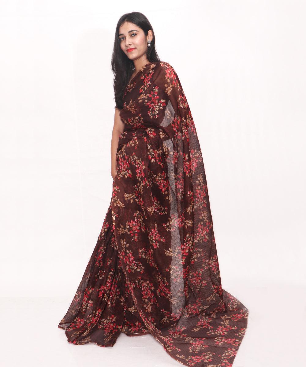 Brown Colour Floral Print Kota Doria Saree