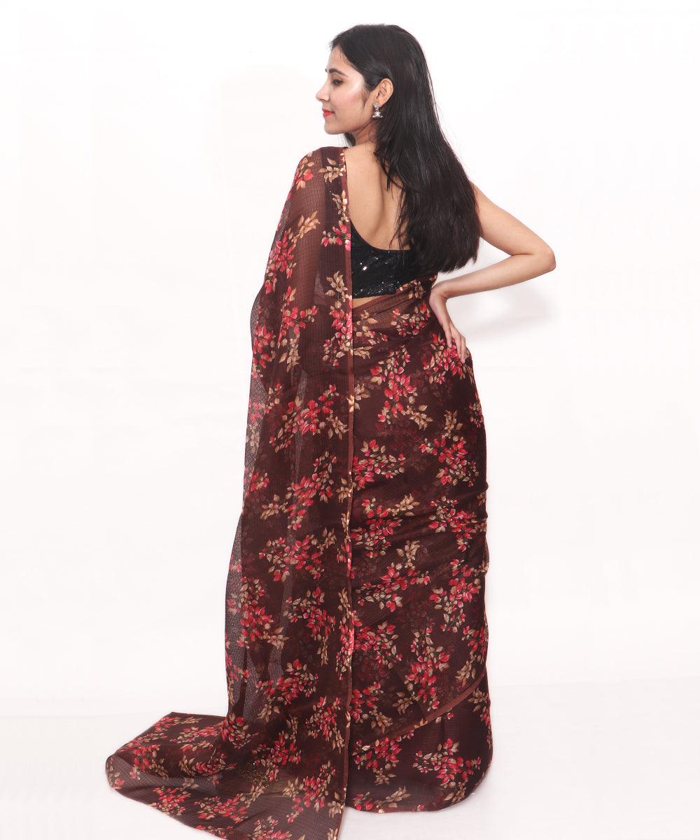 Brown Colour Floral Print Kota Doria Saree