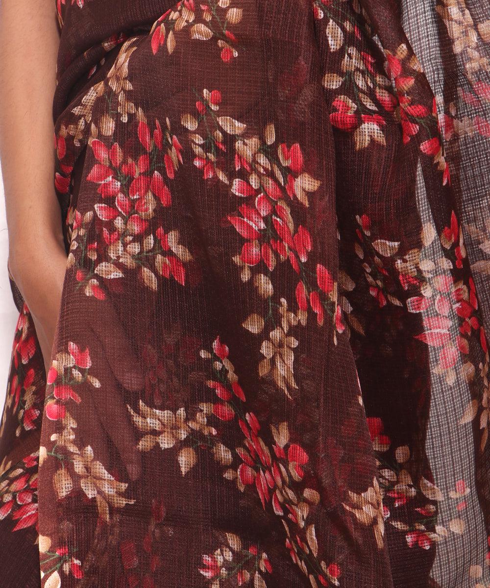 Brown Colour Floral Print Kota Doria Saree