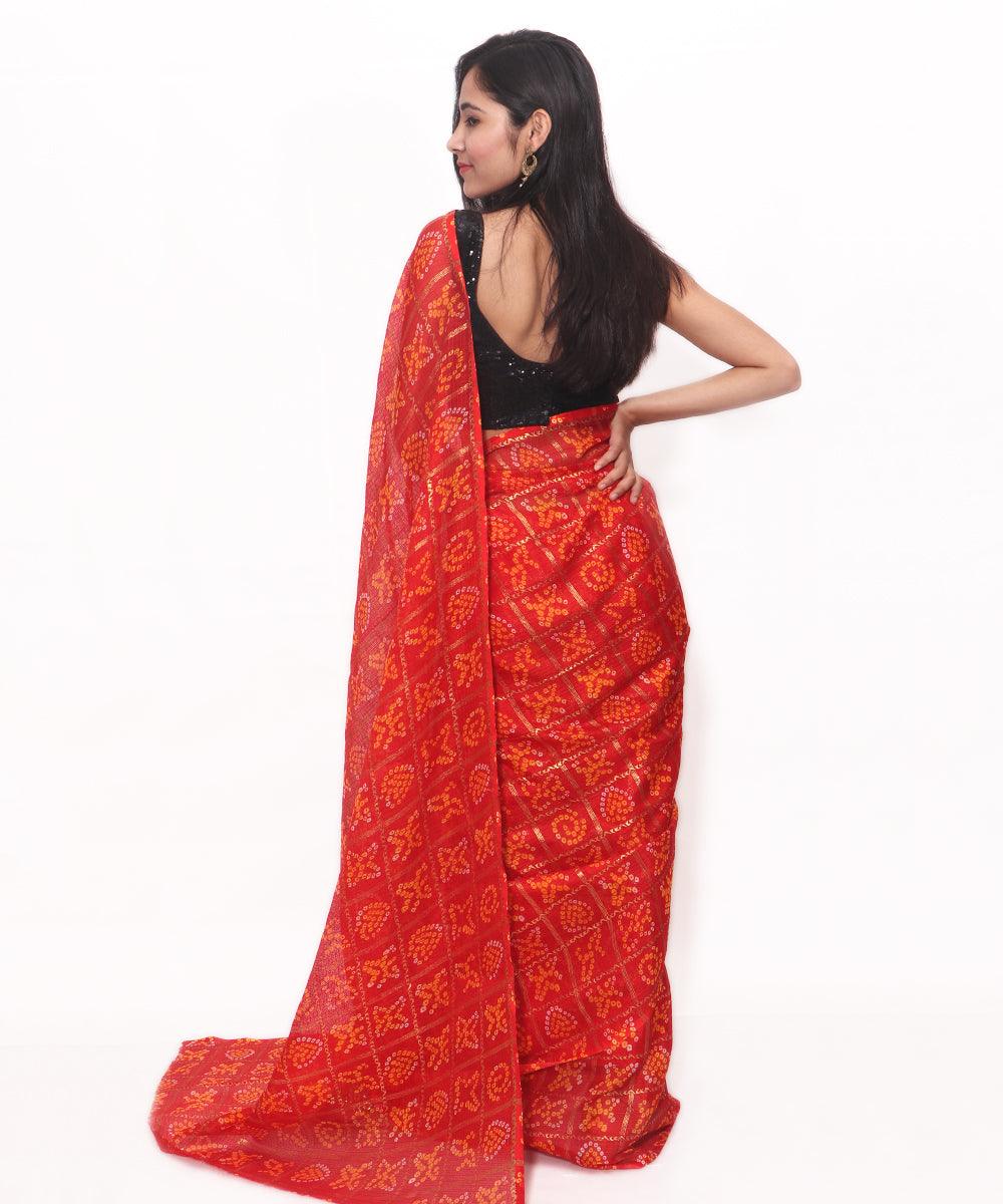 Red Colour Bandhani Pattern Foil Print Kota Doria Saree