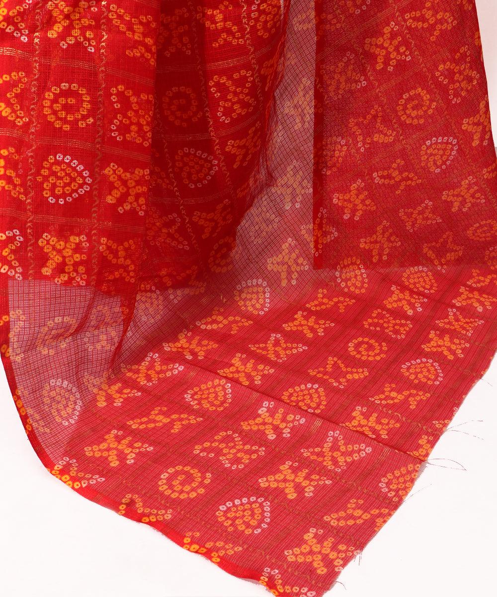 Red Colour Bandhani Pattern Foil Print Kota Doria Saree